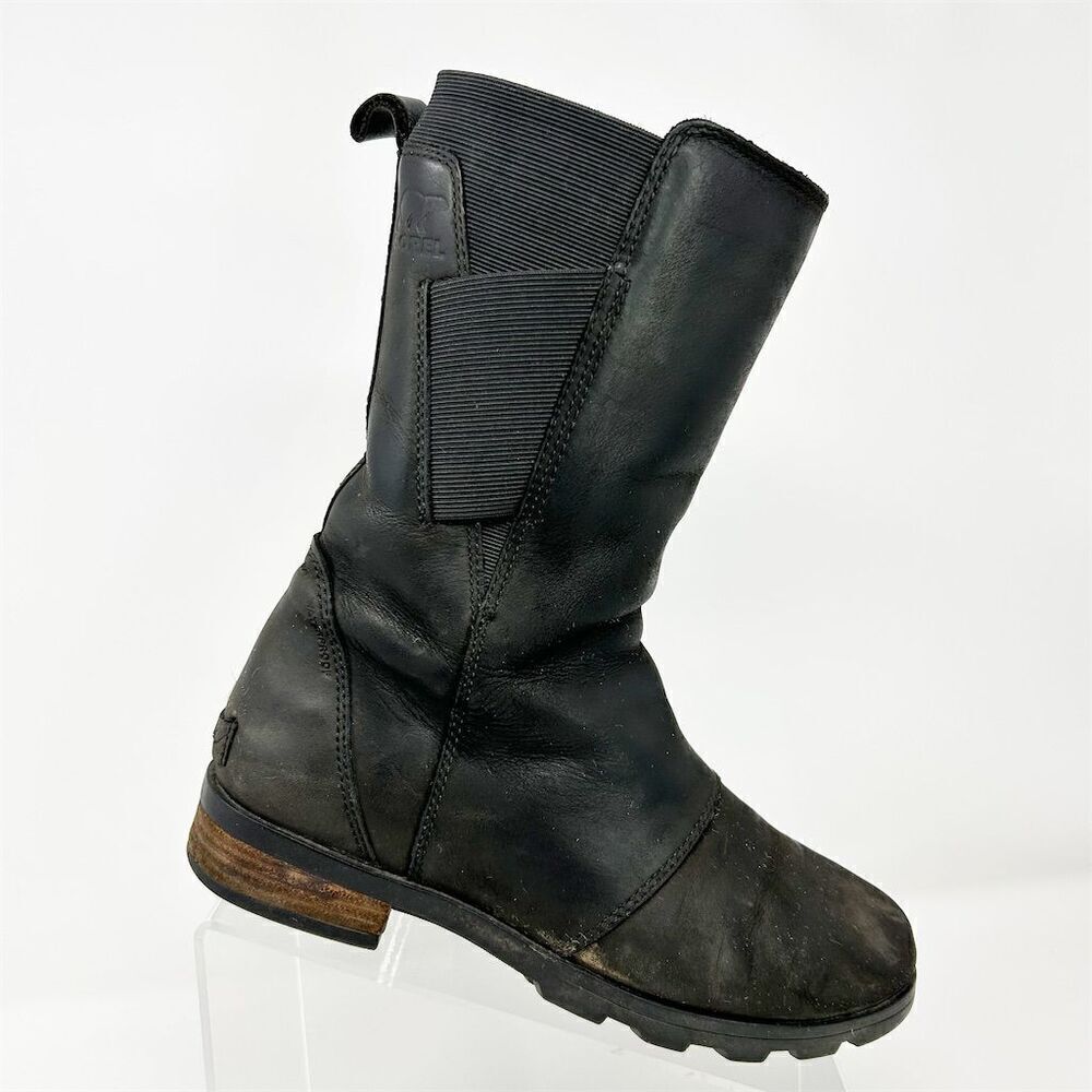 Sorel Women's Emelie Waterproof Black Leather Mid-Calf Chelsea Boots Size 7